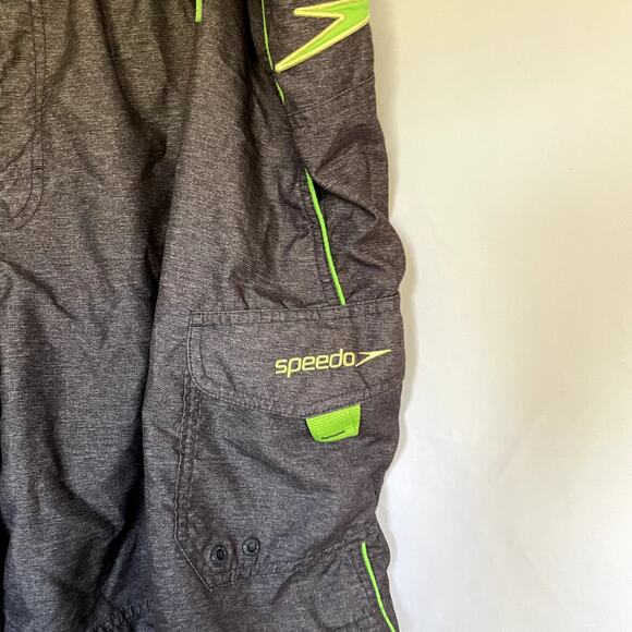 Speedo gray neon green swim trunks men's shorts size XL pockets elastic waist - Picture 2 of 8